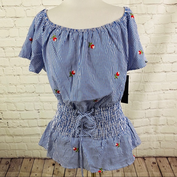 NEW Blue White Stripe Embroidered Peasant Blouse - Picture 10 of 15